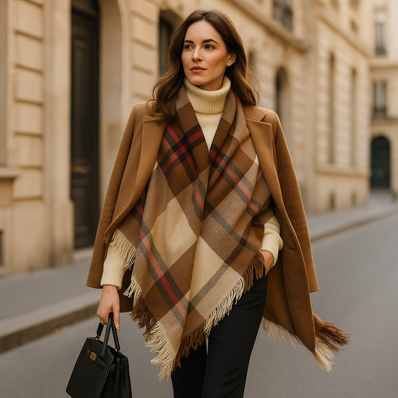 🧣 Liz Sinclair Oversized Plaid Scarf – Timeless Warm Neutrals - Picture 1 of 13